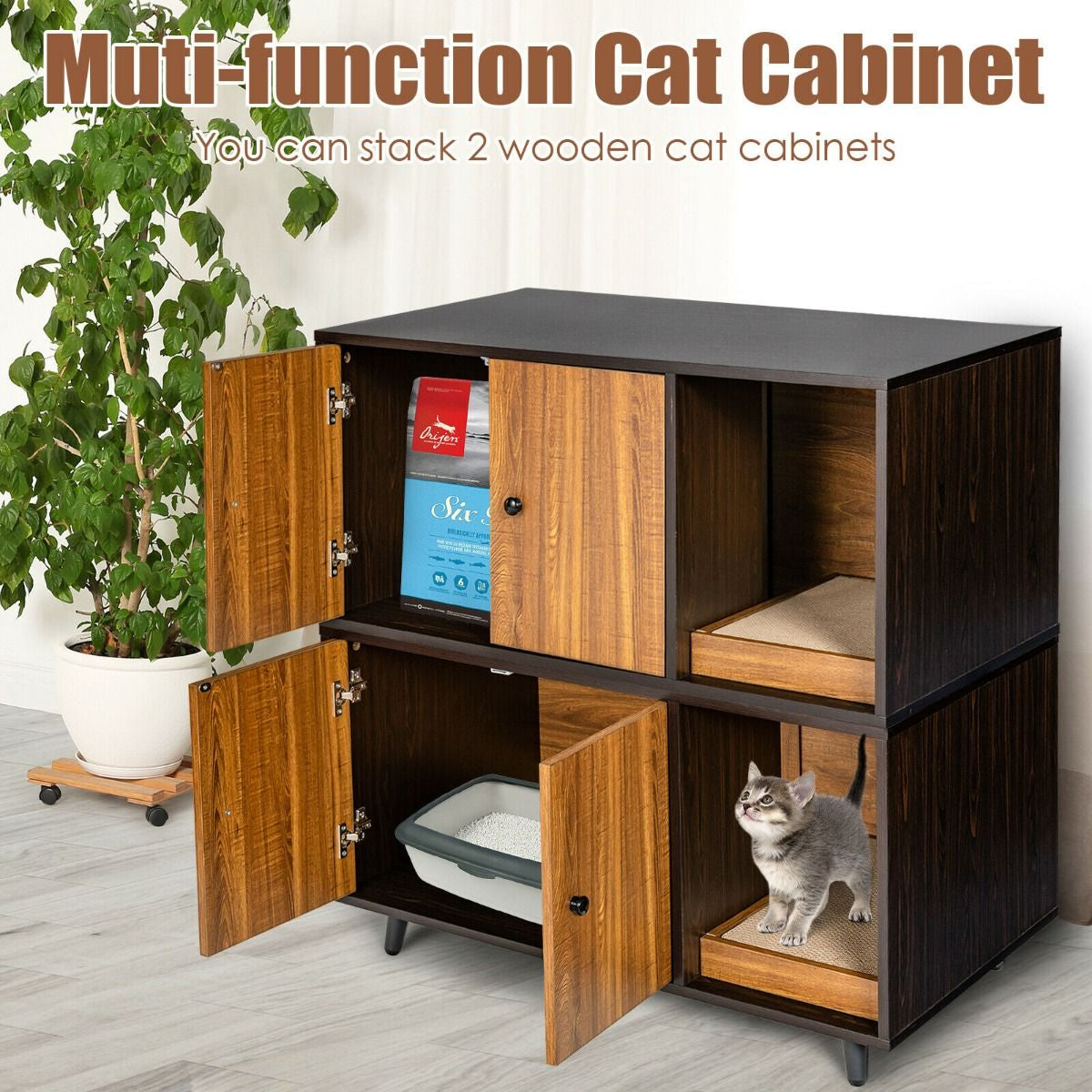 Wooden Storage Cabinet with Cat Little Box Enclosure