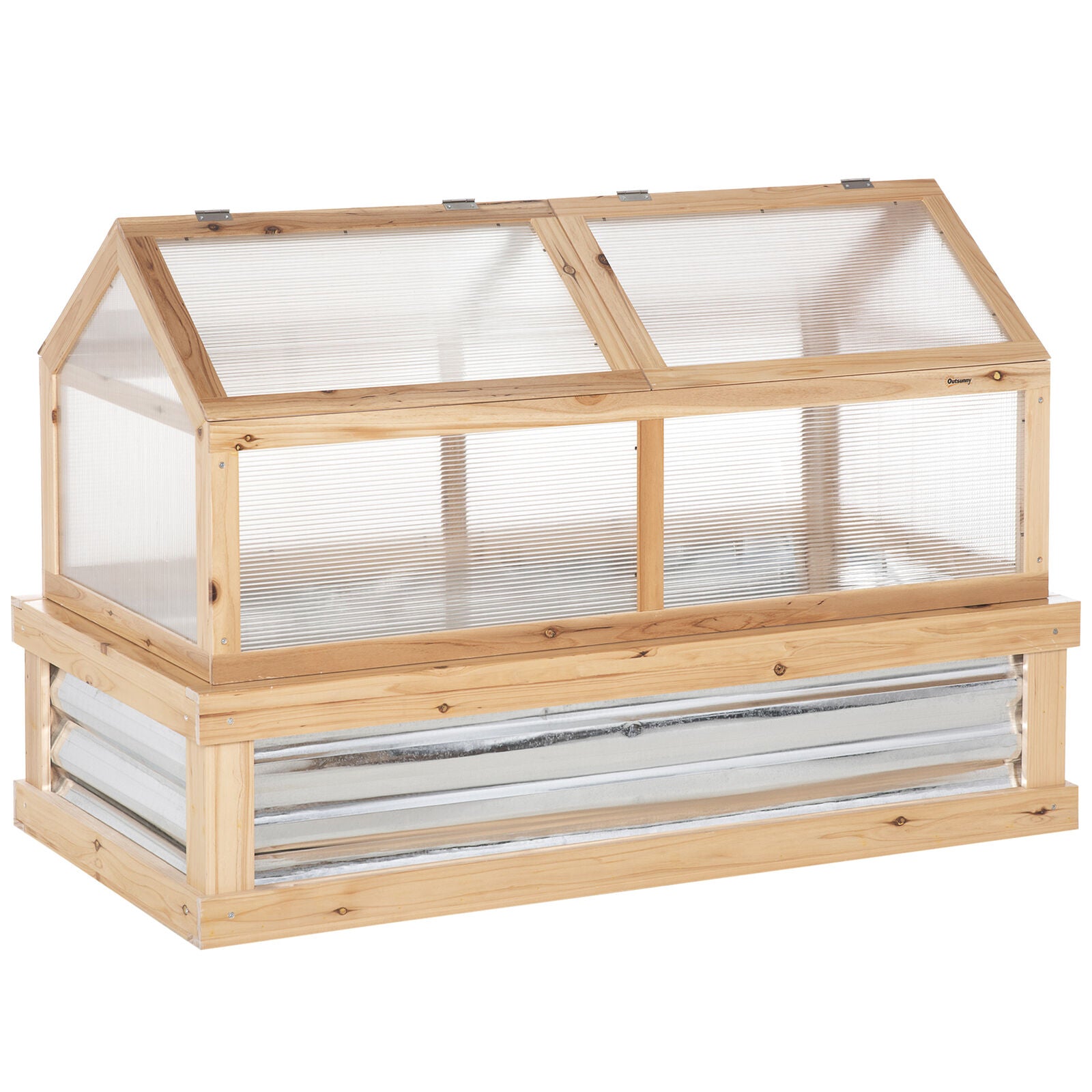 Two-Part Wooden Greenhouse with Cold Frame and Metal Plant Box, Adjustable Roof