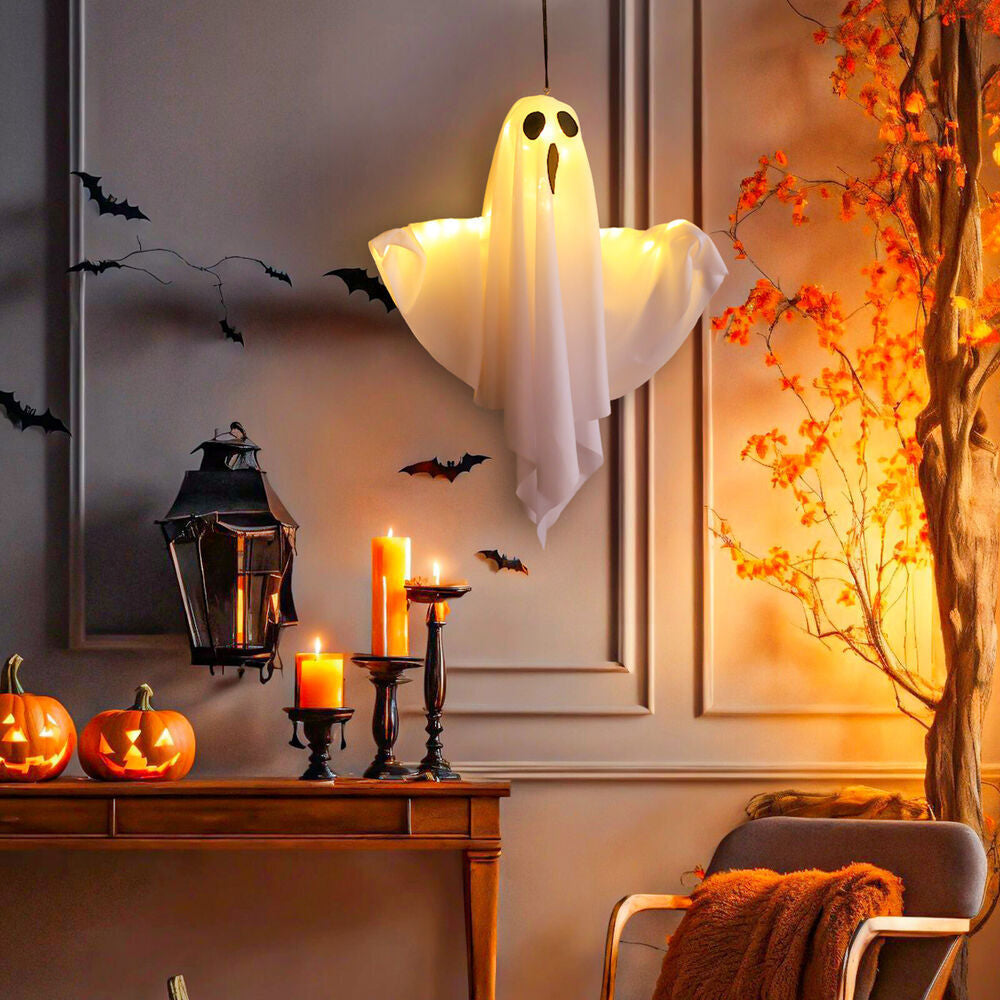 Glowing Ghost Halloween Lantern – Spooky Hanging Outdoor Decor for Yard, Porch, and Party | Light-Up Ghost Prop for Halloween