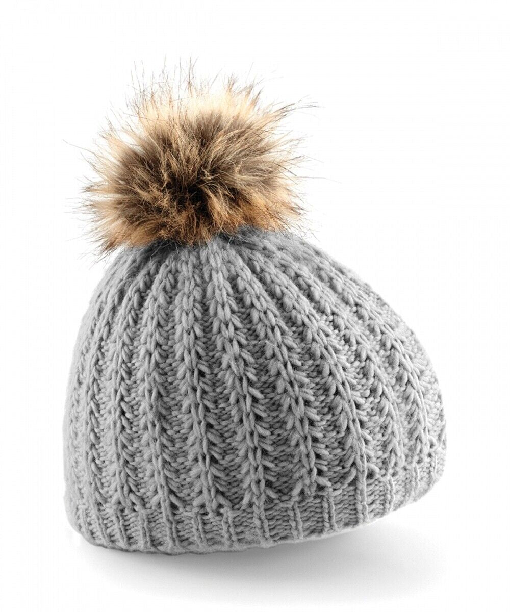 Women's Winter Bobble Hat – Soft Knitted Beanie with Faux Fur Pom Pom | Cozy Woolly Hat in Various Colors