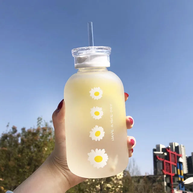 480Ml Water Bottle Small Daisy Milk Juice Cute Kawaii Frosted Glass Bottle with Straw Drinking Cups with Scale 2 Lids