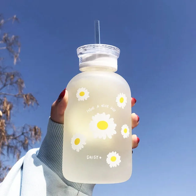 480Ml Water Bottle Small Daisy Milk Juice Cute Kawaii Frosted Glass Bottle with Straw Drinking Cups with Scale 2 Lids