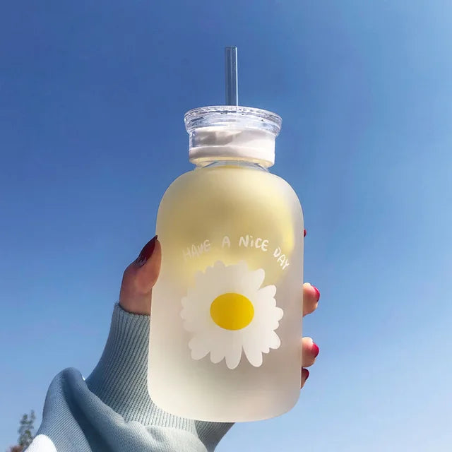 480Ml Water Bottle Small Daisy Milk Juice Cute Kawaii Frosted Glass Bottle with Straw Drinking Cups with Scale 2 Lids