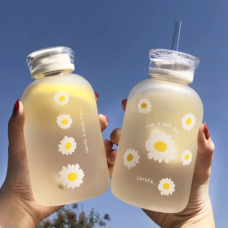 480Ml Water Bottle Small Daisy Milk Juice Cute Kawaii Frosted Glass Bottle with Straw Drinking Cups with Scale 2 Lids