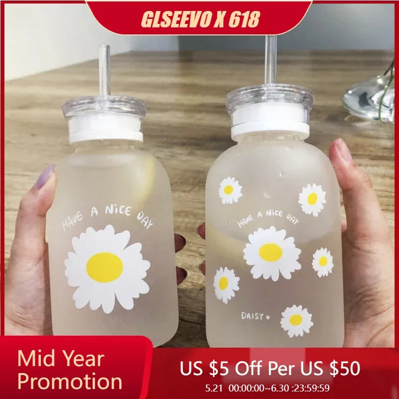 480Ml Water Bottle Small Daisy Milk Juice Cute Kawaii Frosted Glass Bottle with Straw Drinking Cups with Scale 2 Lids