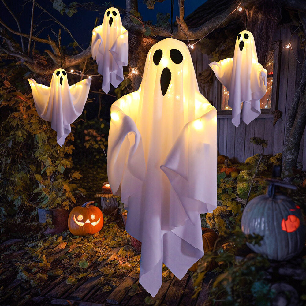 Glowing Ghost Halloween Lantern – Spooky Hanging Outdoor Decor for Yard, Porch, and Party | Light-Up Ghost Prop for Halloween