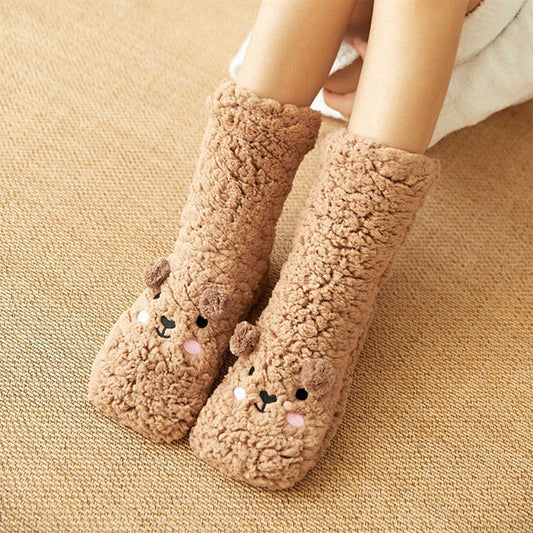 Cosy Women's Kawaii Bear Coral Fleece Fluffy Socks – Perfect for Winter Comfort, Sleep, and Lounging at Home. Cute Soft Cozy Socks.