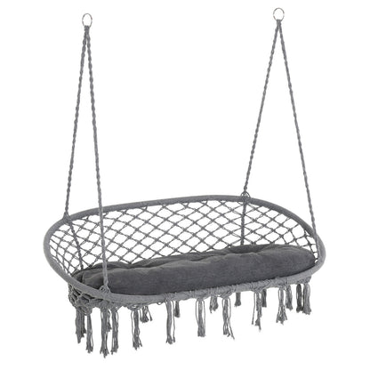 Double-Seat Hanging Garden Hammock Chair with Macrame Tassels & Padded Cushion, Dark Grey