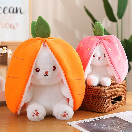 Transforming Kawaii Fruit Bunny Plush Toy – Adorable Carrot and Strawberry Become Rabbit – Perfect Kids Birthday and Christmas Gift