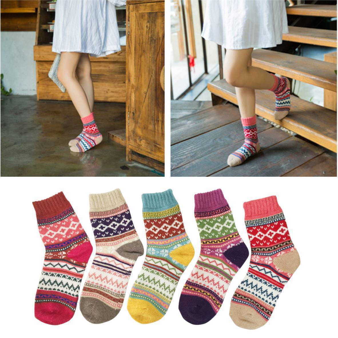 Warm Knitted Nordic Winter Socks Women’s Wool Thermal Socks –  Cozy, Soft, and Thick Socks for Cold Weather - 5 Pairs