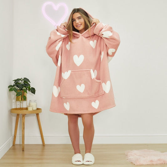 Cozy Heart Print Hoodie Blanket - Charcoal & Blush