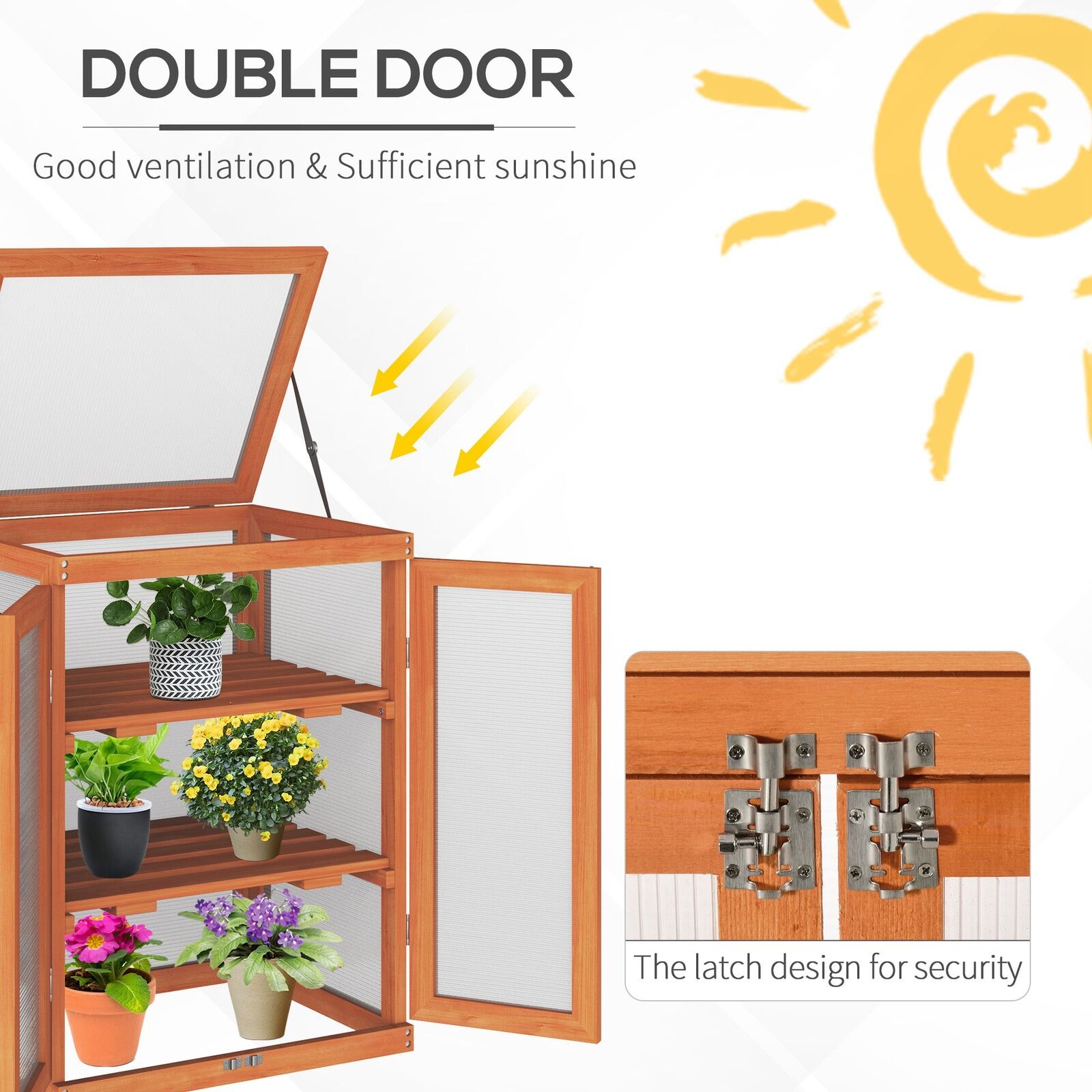 Wooden Growhouse with Adjustable Shelves, Polycarbonate Panels, and Double Doors