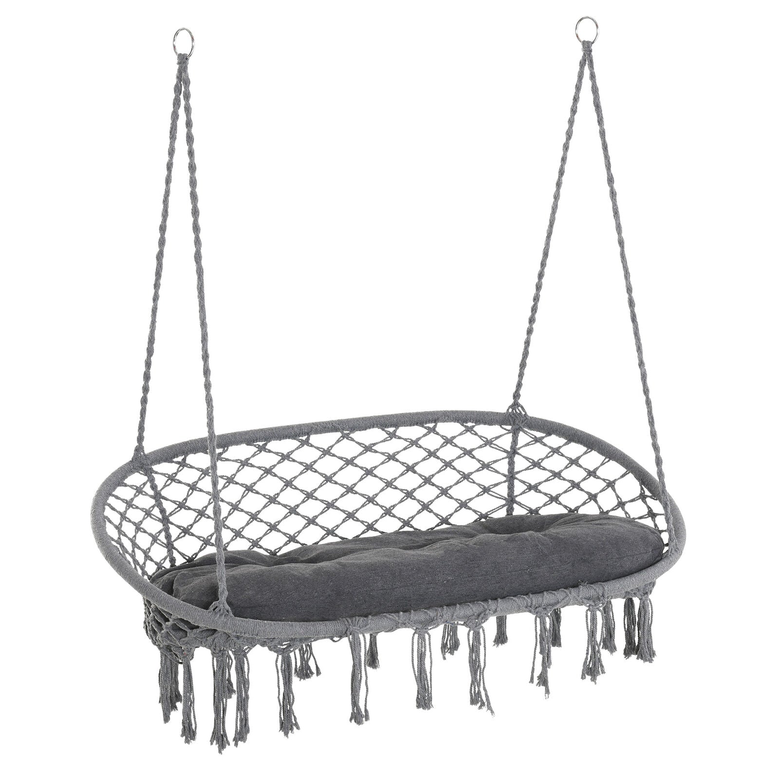 Double-Seat Hanging Garden Hammock Chair with Macrame Tassels & Padded Cushion, Dark Grey