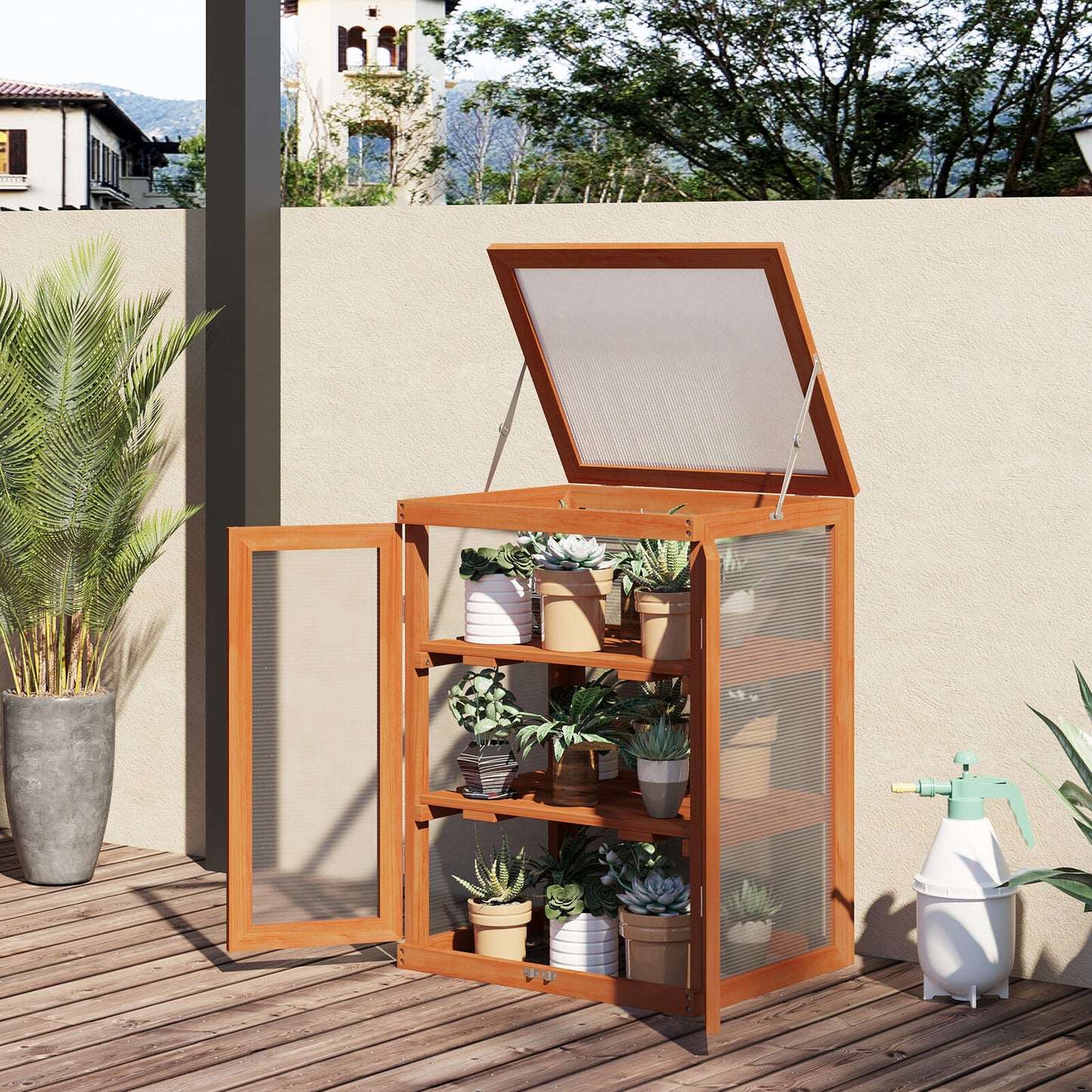 Wooden Growhouse with Adjustable Shelves, Polycarbonate Panels, and Double Doors