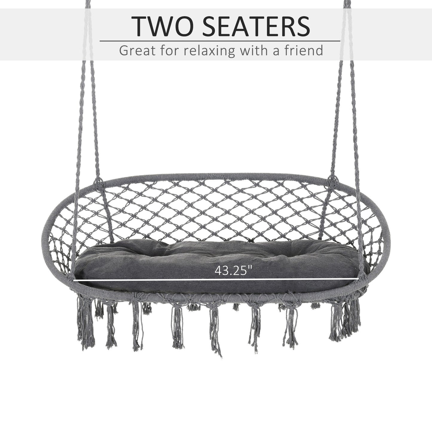 Double-Seat Hanging Garden Hammock Chair with Macrame Tassels & Padded Cushion, Dark Grey