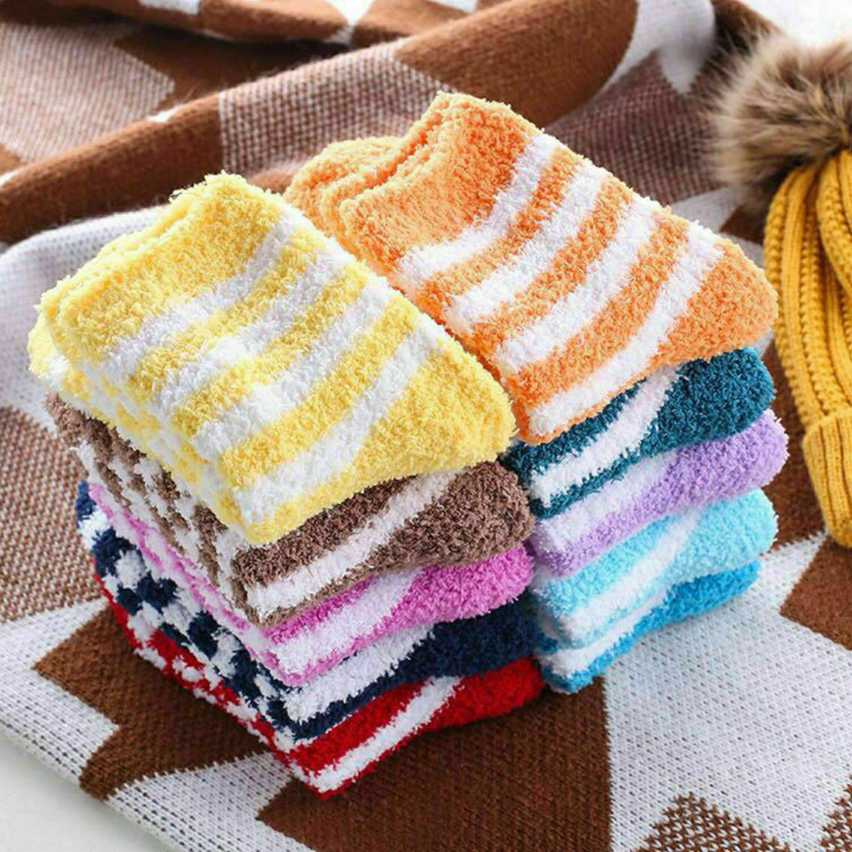 Striped Colorful Women's Winter Warm Fluffy Bed Socks – 6 Pairs