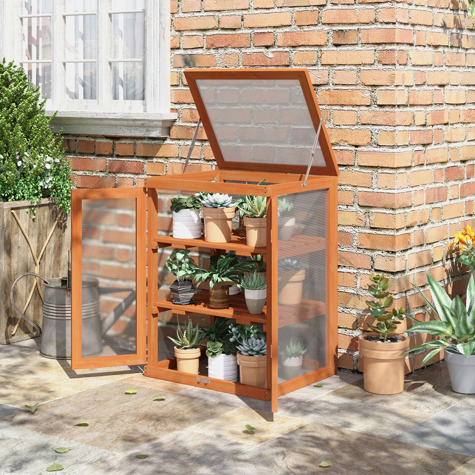 Wooden Growhouse with Adjustable Shelves, Polycarbonate Panels, and Double Doors