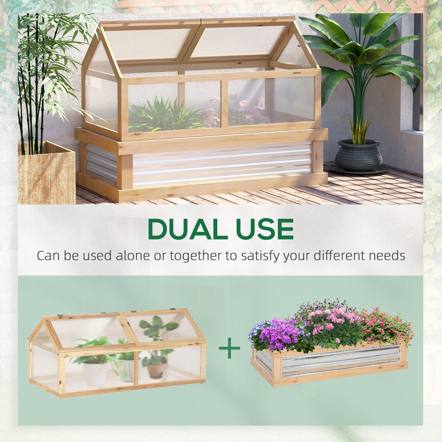 Two-Part Wooden Greenhouse with Cold Frame and Metal Plant Box, Adjustable Roof