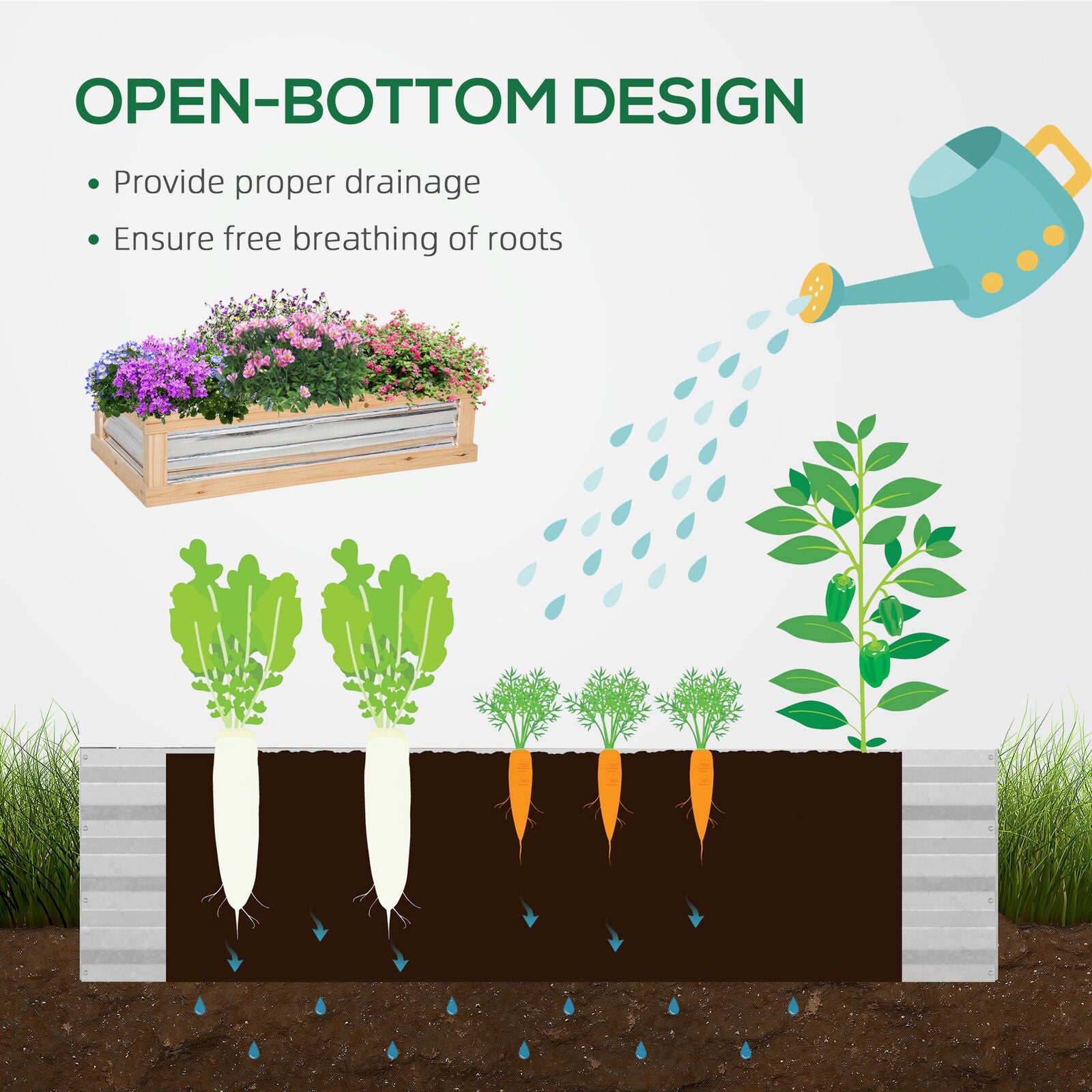 Two-Part Wooden Greenhouse with Cold Frame and Metal Plant Box, Adjustable Roof