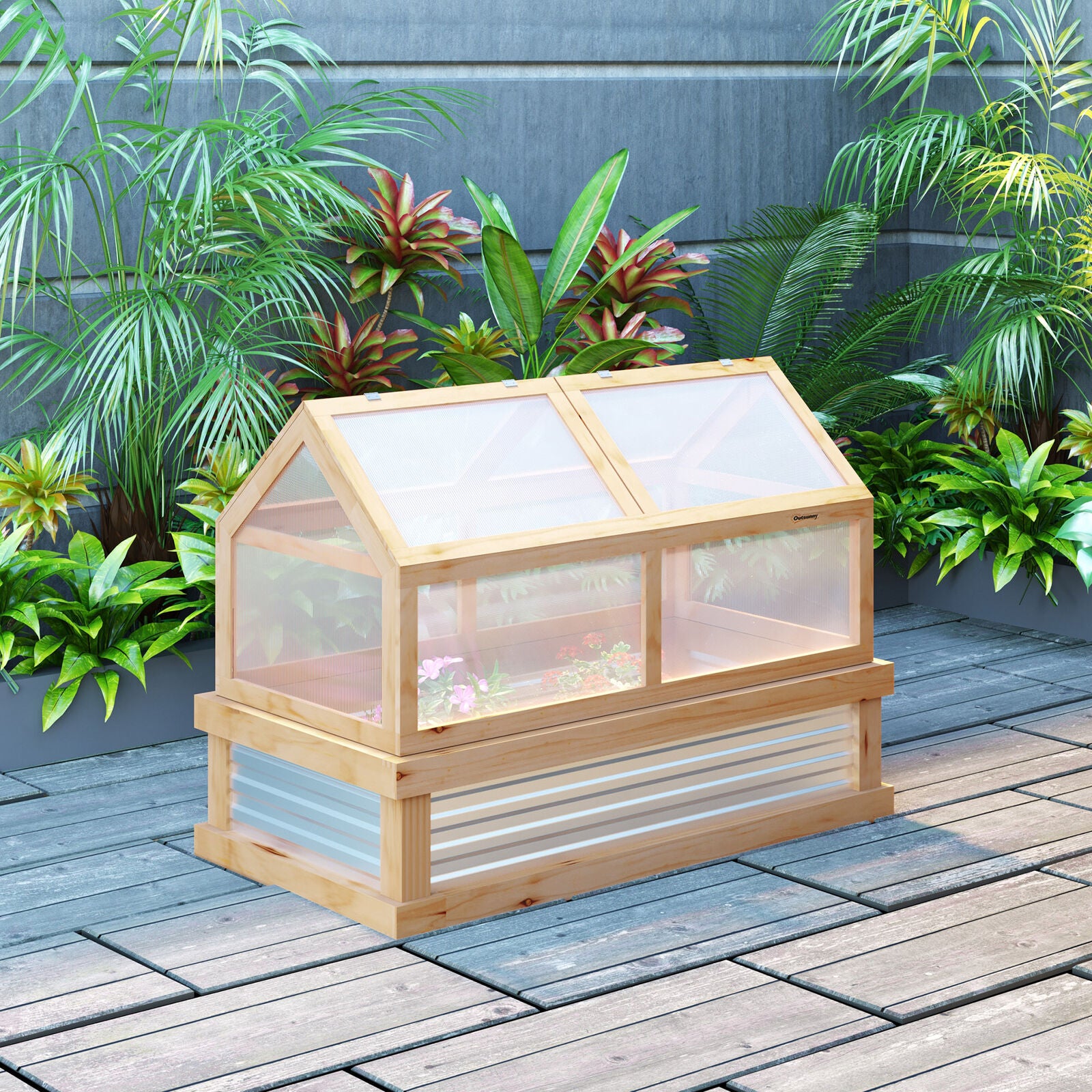 Two-Part Wooden Greenhouse with Cold Frame and Metal Plant Box, Adjustable Roof