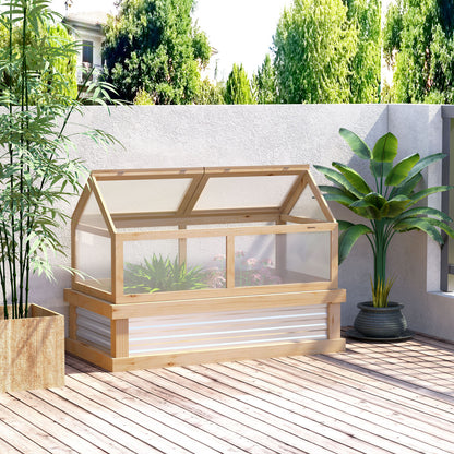 Two-Part Wooden Greenhouse with Cold Frame and Metal Plant Box, Adjustable Roof