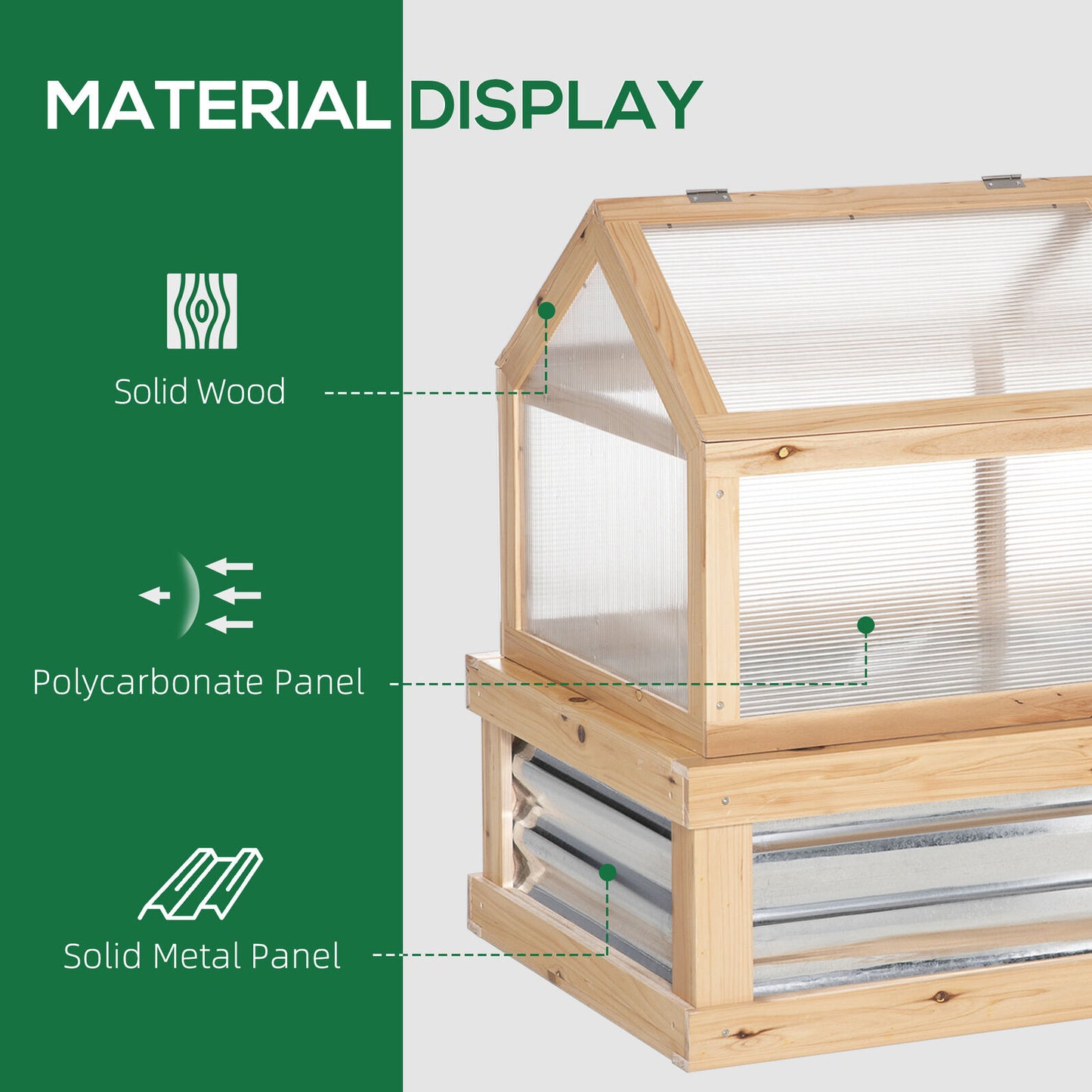 Two-Part Wooden Greenhouse with Cold Frame and Metal Plant Box, Adjustable Roof