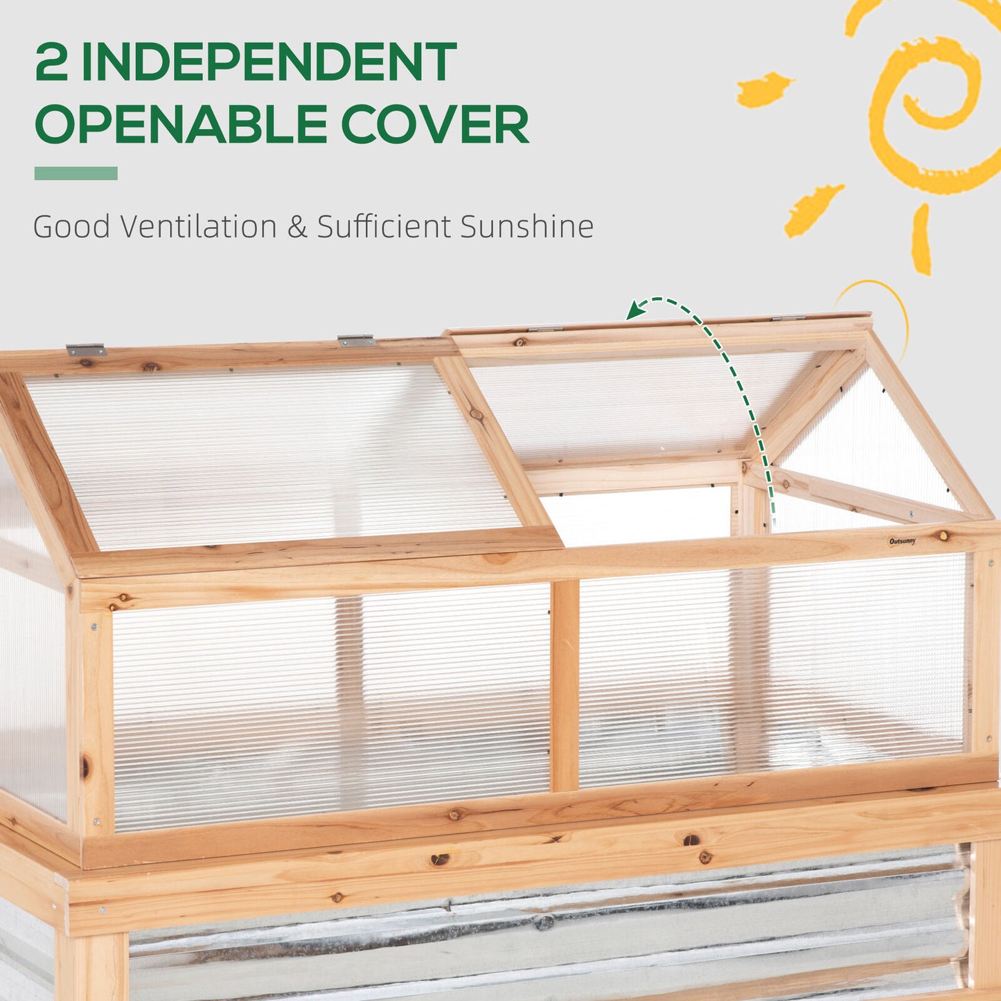 Two-Part Wooden Greenhouse with Cold Frame and Metal Plant Box, Adjustable Roof