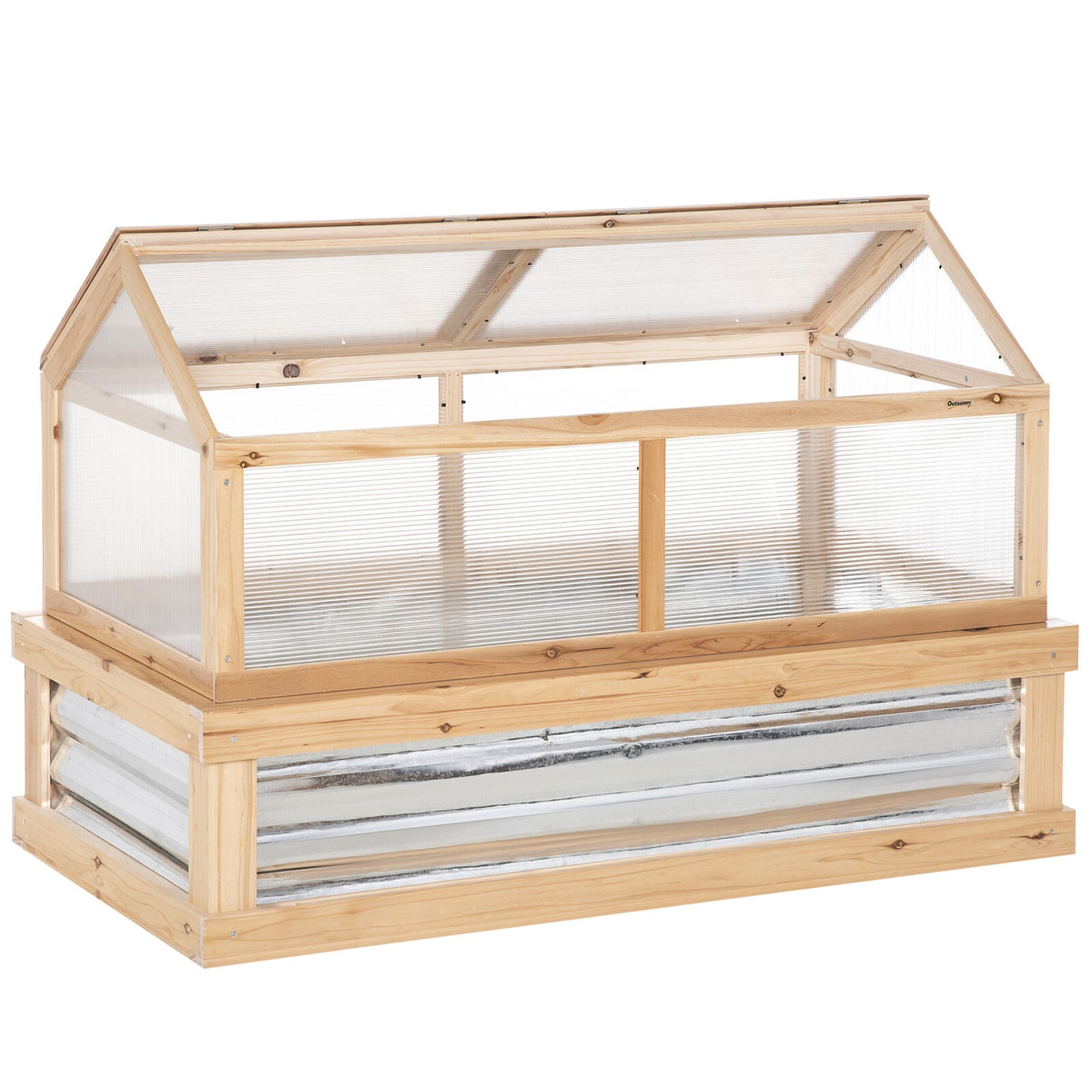 Two-Part Wooden Greenhouse with Cold Frame and Metal Plant Box, Adjustable Roof